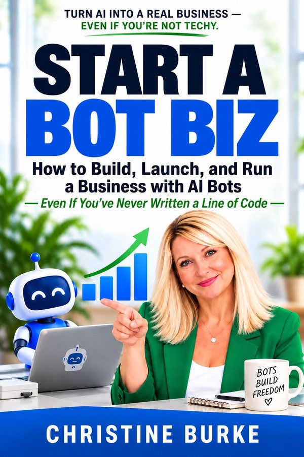 Book cover of Start A Bot Biz: How to Build, Launch, and Run a Business with AI Bots, Even If You've Never Written a Line of Code, by Christine Burke, showing the author pointing to a friendly robot at a laptop beside a rising sales chart